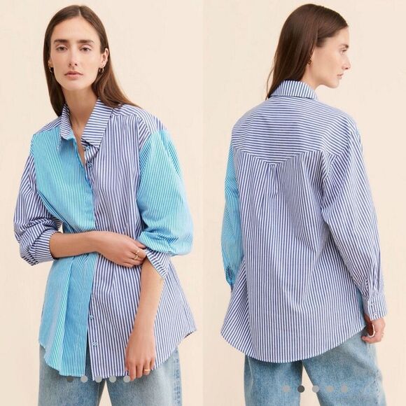 Anthropologie Bardot Spliced Boyfriend Shirt | Blue Stripe Contrast Button-Down - Picture 2 of 12